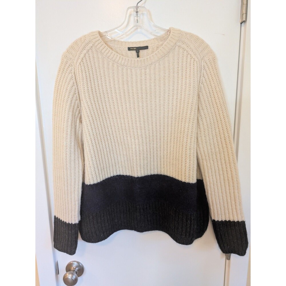 Maje Mohair Alpaca Wool Colorblock Chunky Knit Sweater M Cream Oversized Italy